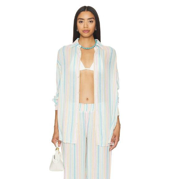 NWT Lovers & Friends Catalina Button Down Shirt in "Rainbow Stripe" Size XS - Picture 1 of 12